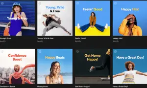 Spotify playlist curator showcases vibrant album art for playlists like "Young & Free," "Feelin' Good," and "Happy Hits!