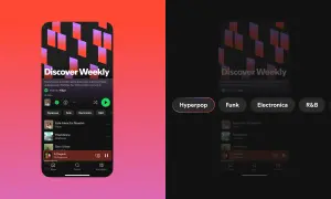 Spotify's Discover Weekly playlist, showcasing new music genres like Hyperpop, Funk, and Electronica.