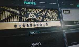 Close-up of a digital guitar amp interface, featuring the "Amped Roots" software. Controls for gain, EQ, and volume are visible.