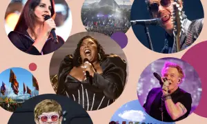 A collage of Glastonbury headliners: Lana Del Rey, Lizzo, Alex Turner, Axl Rose, and Elton John, with a view of the Pyramid Stage and the festival sign.