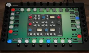 A digital audio workstation screen displays various Analog Obsession plugins, including EQ, compressor, de-esser, and tape drive modules.