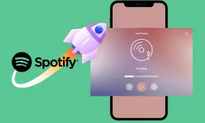 A rocket launches from the Spotify logo, symbolizing how to get on Spotify playlists. A phone displays the "Now Playing" screen.
