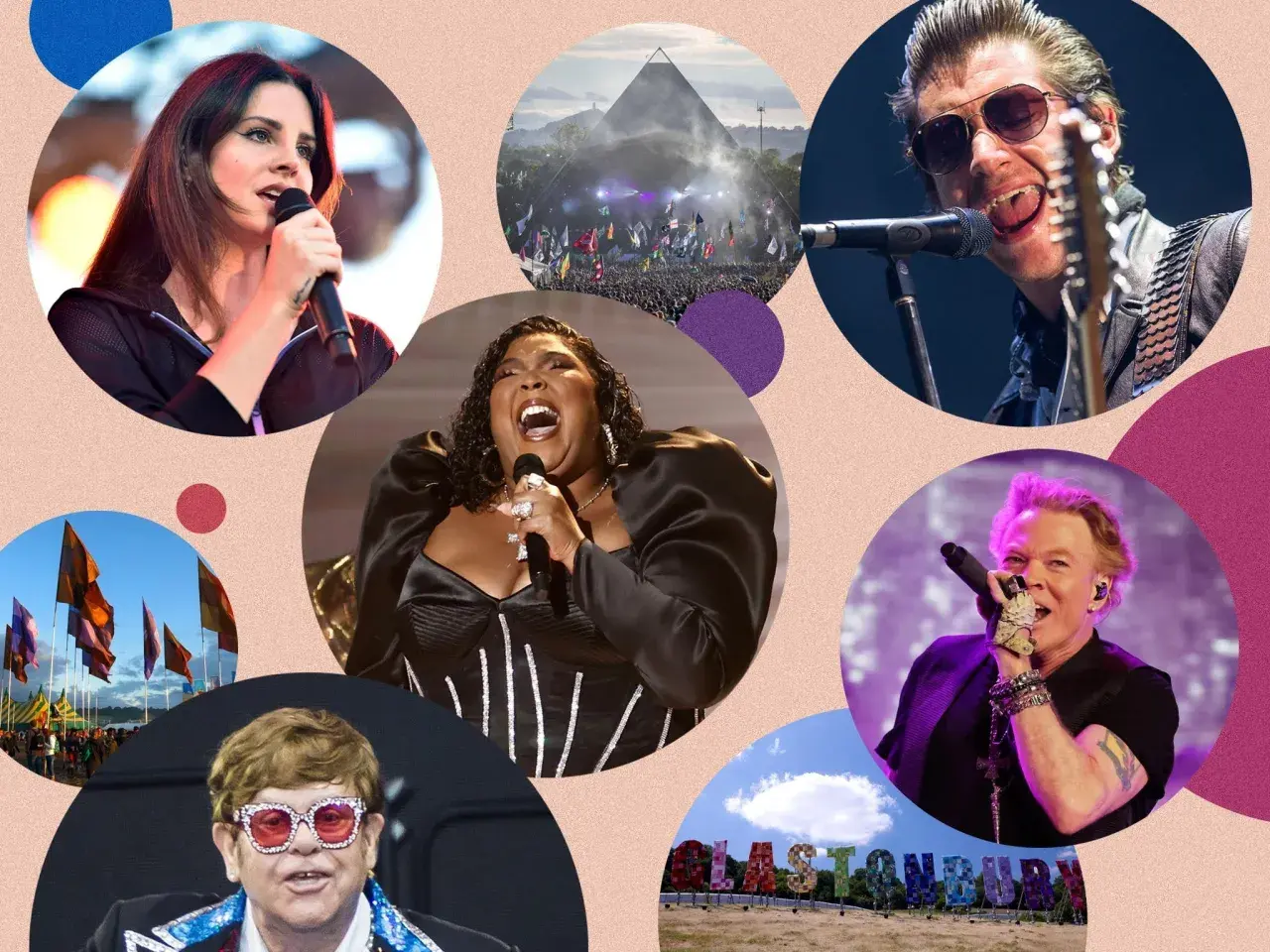 A collage of Glastonbury headliners: Lana Del Rey, Lizzo, Alex Turner, Axl Rose, and Elton John, with a view of the Pyramid Stage and the festival sign.