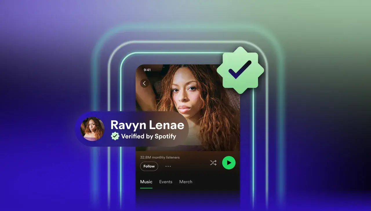 Learn how to get verified on Spotify with this visual guide. The image shows Ravyn Lenae's verified Spotify profile, highlighting the blue checkmark.