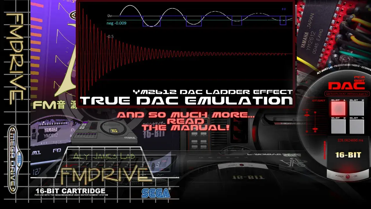 Aly James Lab FMDRIVE VST plugin, featuring YM2612 DAC emulation and true FM synthesis for 16-bit Sega Mega Drive sounds.