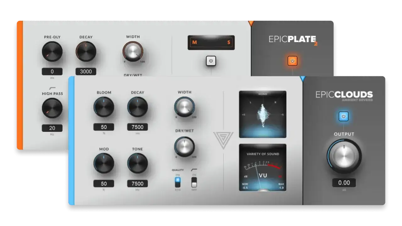 Two audio plugins, EPICPLATE 2 and EPICCLOUDS, showcasing controls for creating rich ambient reverb effects. Discover your next free reverb vst.