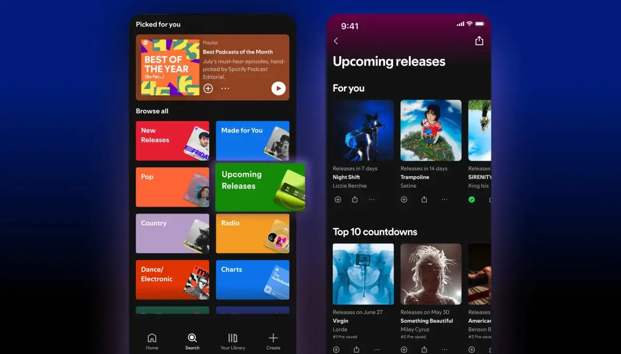 Spotify app showing "Upcoming releases" with options to "how to presave on Spotify" for new music.