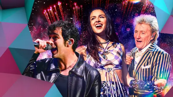 Matty Healy, Olivia Rodrigo, and Rod Stewart perform on stage with fireworks in the background, a vibrant montage celebrating BBC Glastonbury.