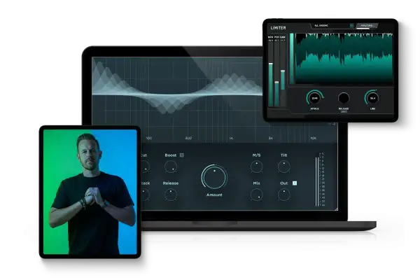 Man with hands clasped, surrounded by digital audio workstations and plugins, showcasing the best vocal plugins for music production.