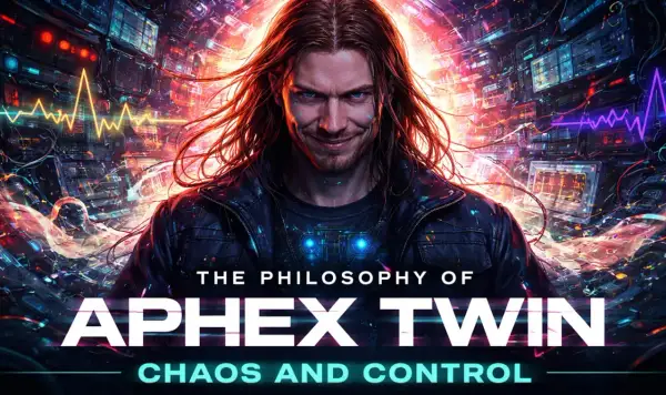 A man with long hair and a smirk stands amidst a chaotic, futuristic server room, surrounded by glowing screens and waveforms. The text reads "The Philosophy of Aphex Twin: Chaos and Control," hinting at the complex nature of his music and software.