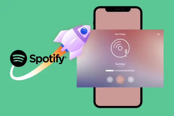 A rocket launches from the Spotify logo, symbolizing how to get on Spotify playlists. A phone displays the "Now Playing" screen.